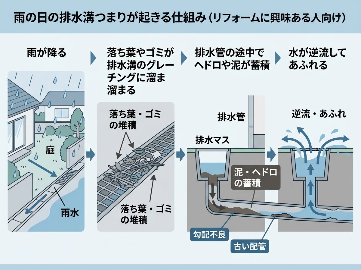雨の日の排水溝つまりが起きる仕組み
