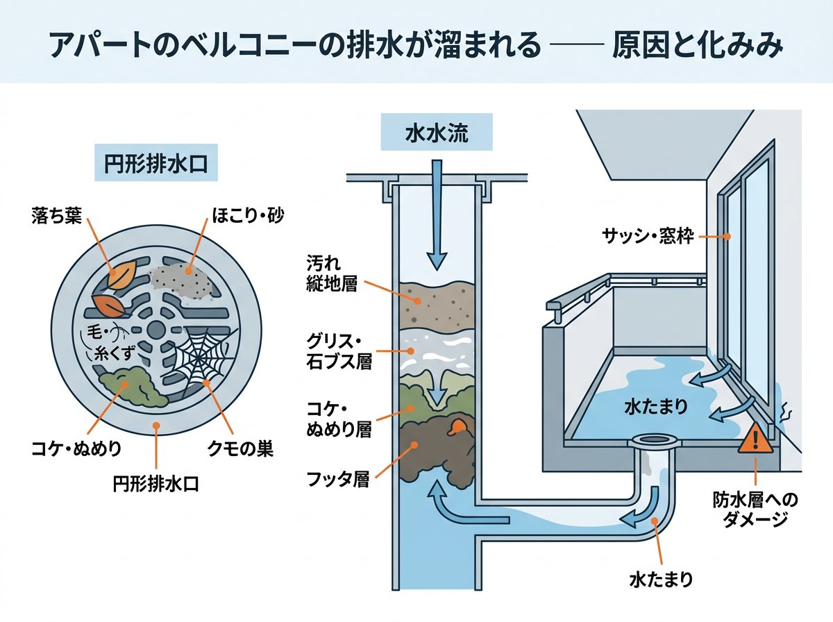 アパートのベランダ排水溝がつまる原因と仕組み