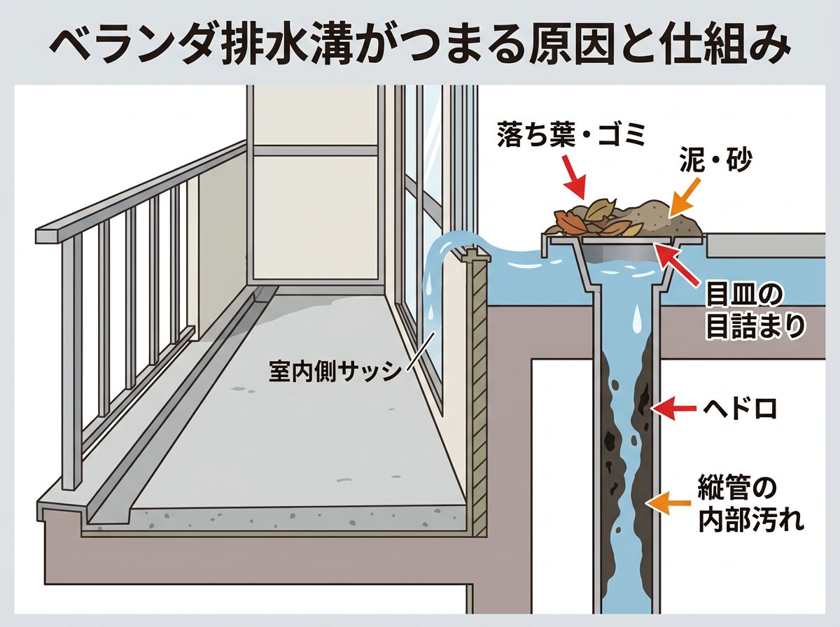 アパートのベランダ排水溝がつまる原因と仕組み