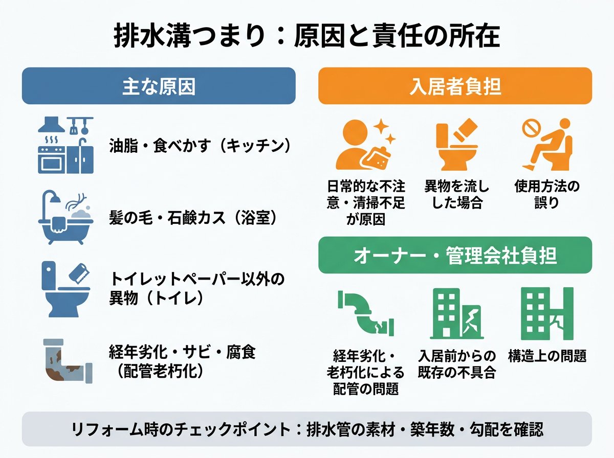 賃貸物件の排水溝つまりの原因と責任の所在