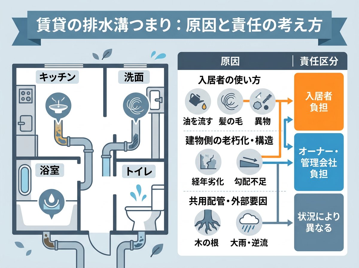 賃貸物件の排水溝つまりの原因と責任の所在