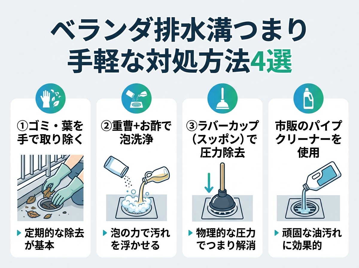 ベランダ排水溝つまりの手軽な対処方法4選