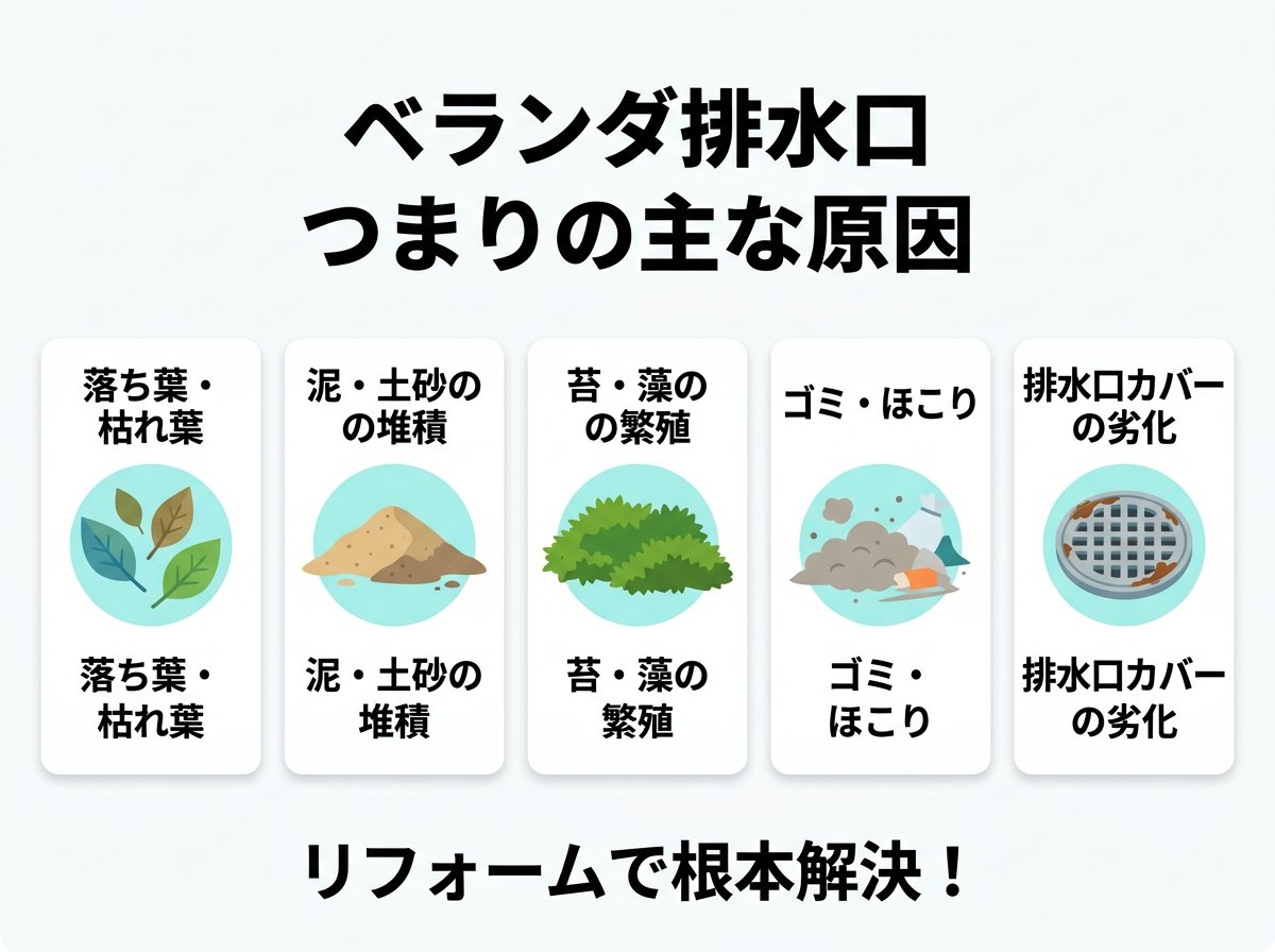 ベランダ 排水口のつまりの主な原因