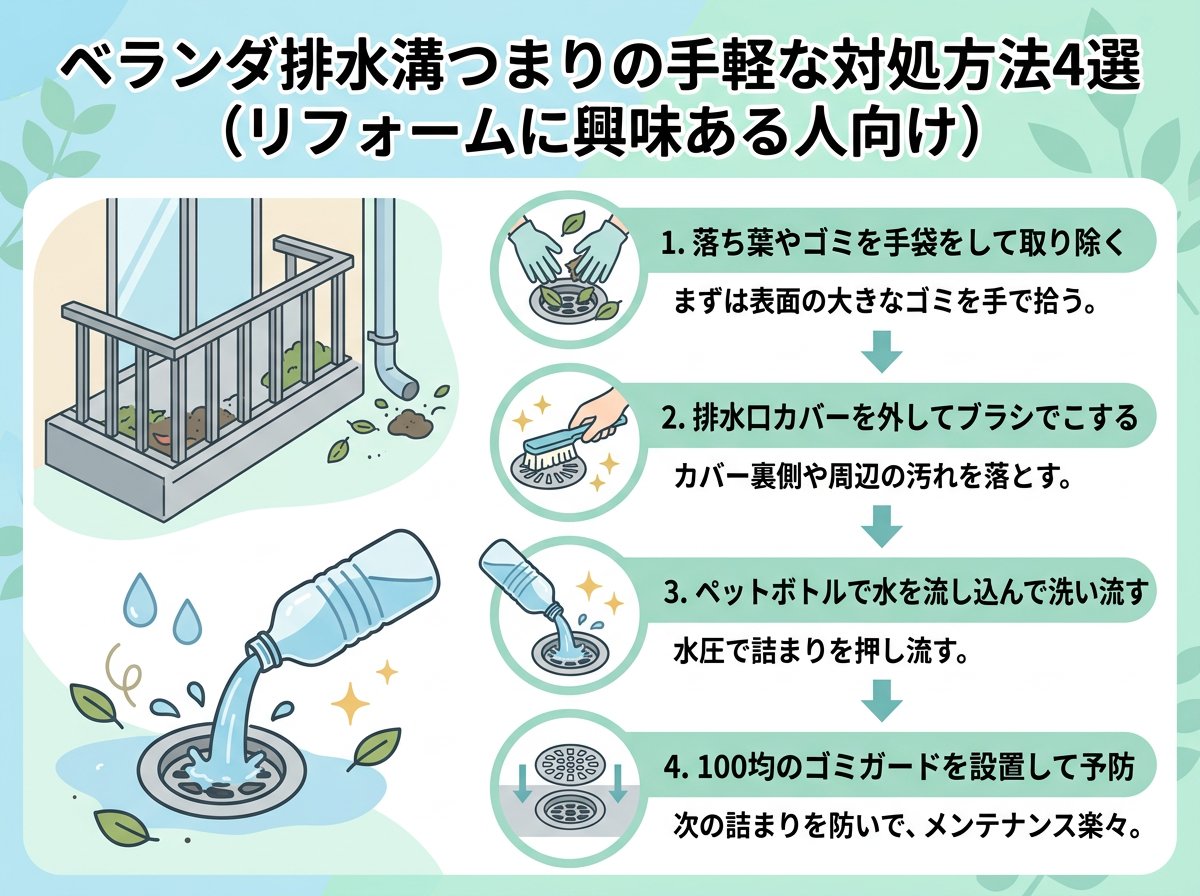 ベランダ排水溝つまりの手軽な対処方法4選