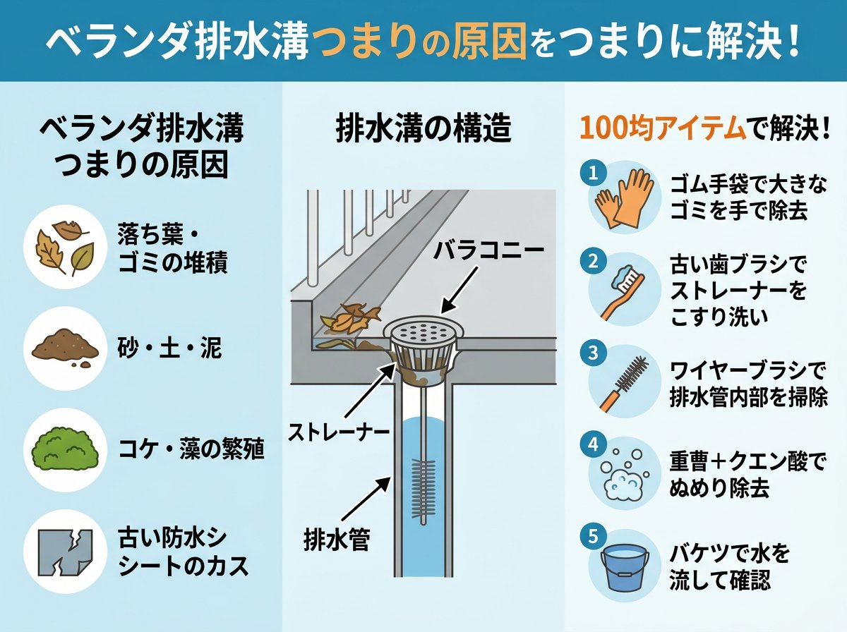 ベランダ排水溝つまりの原因と100均道具での対処法