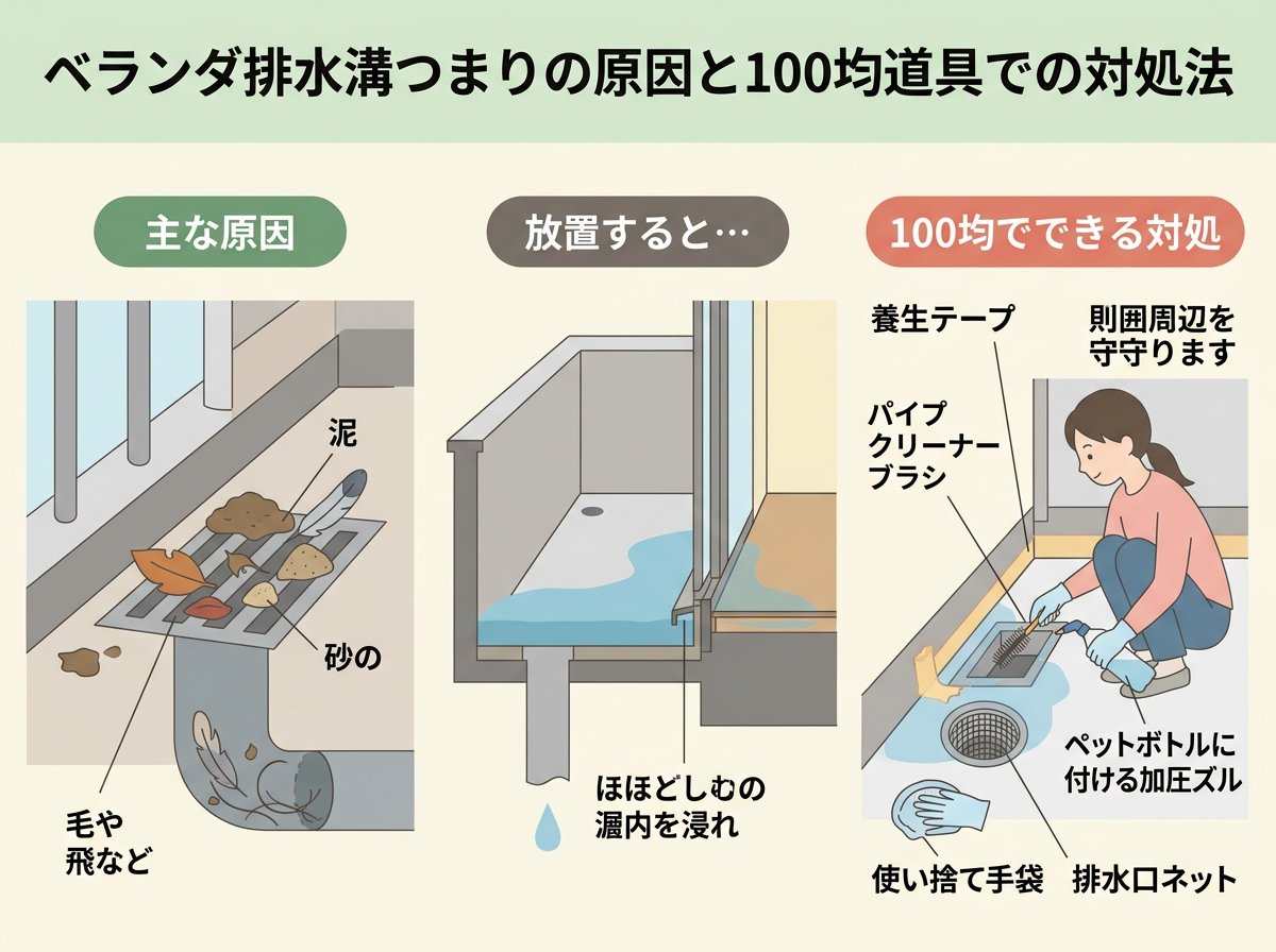 ベランダ排水溝つまりの原因と100均道具での対処法