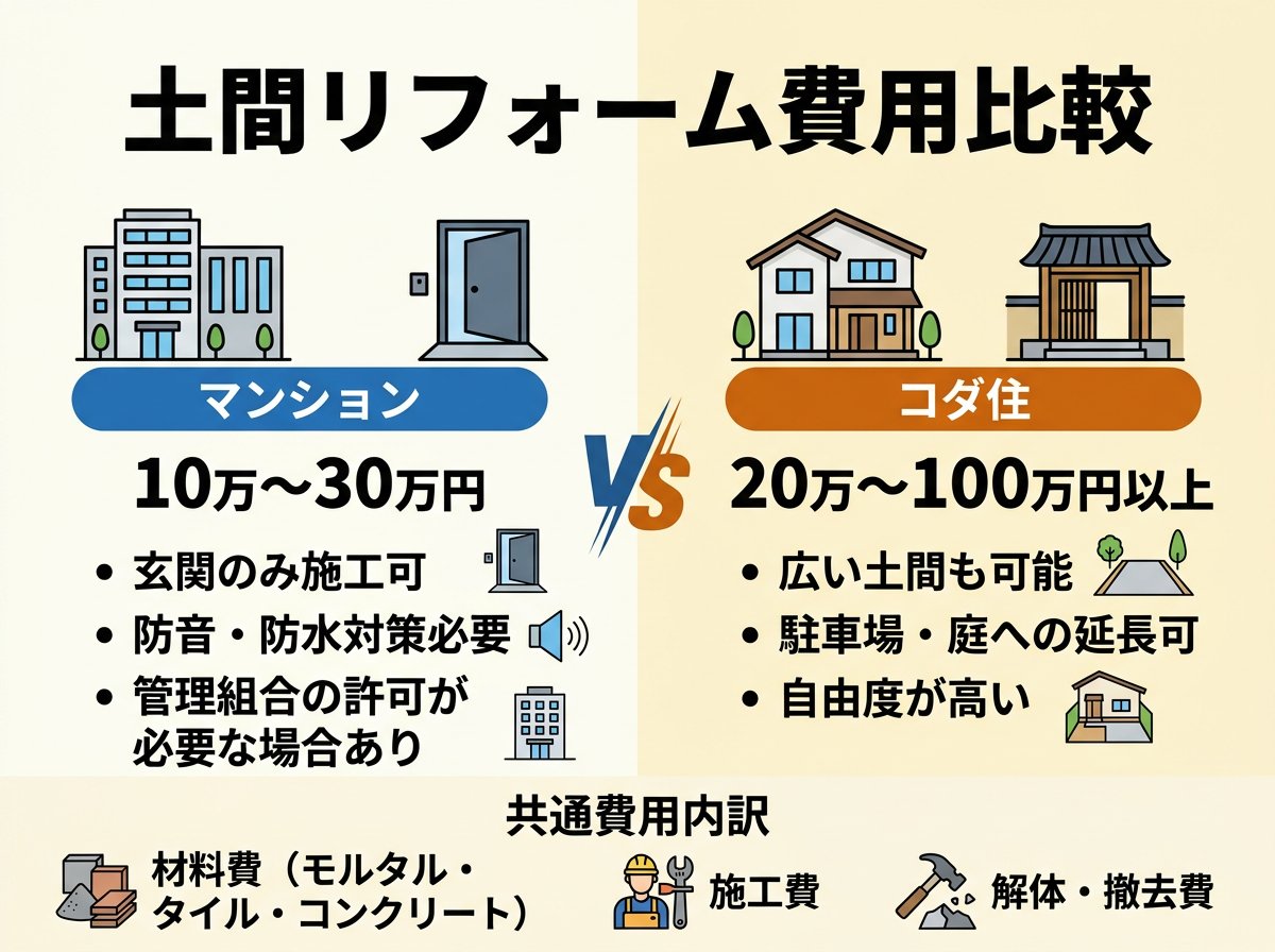 マンションと戸建ての土間リフォーム費用比較