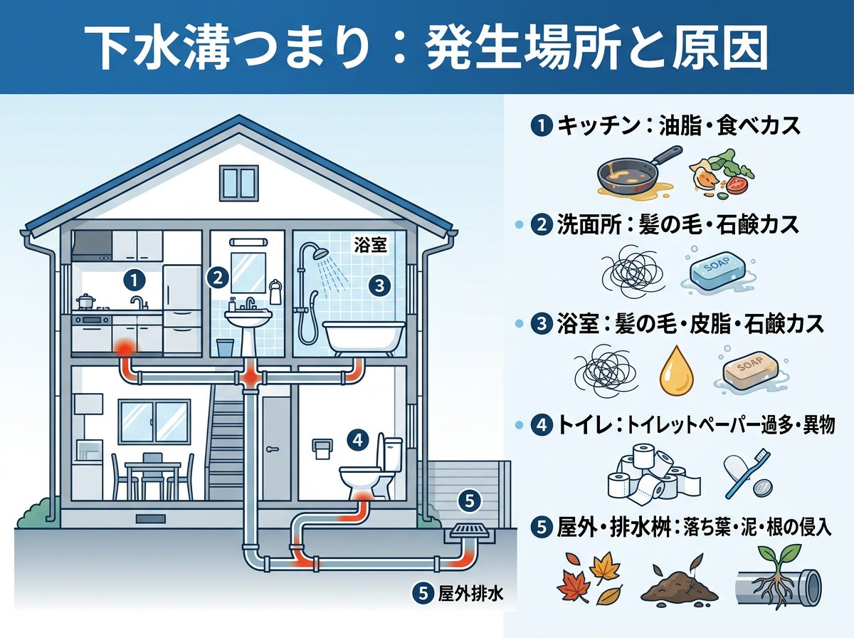 下水溝つまりの発生場所と原因を特定