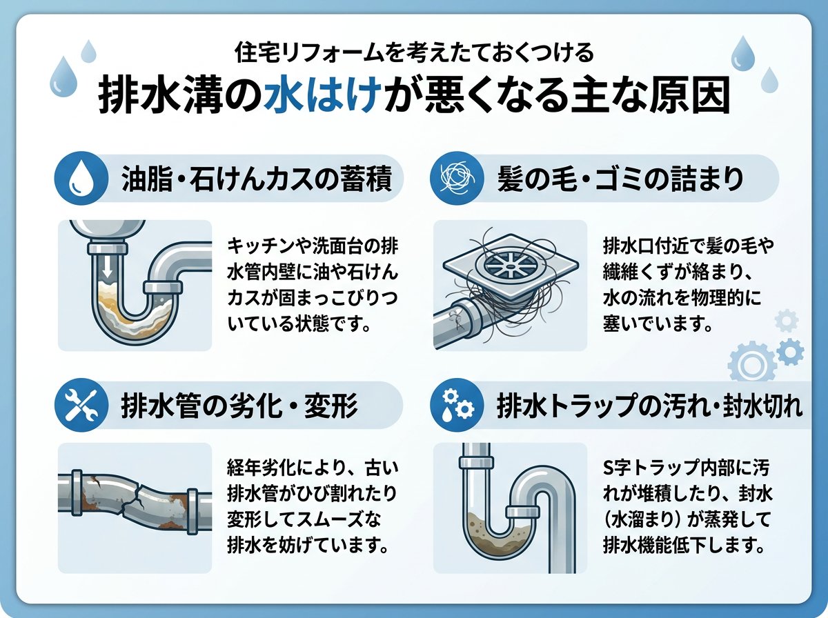 排水溝の水はけが悪くなる主な原因