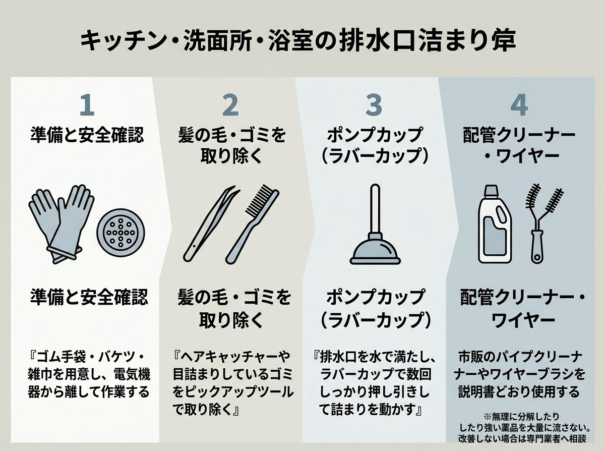 排水溝つまりの基本的な解消手順と道具選び