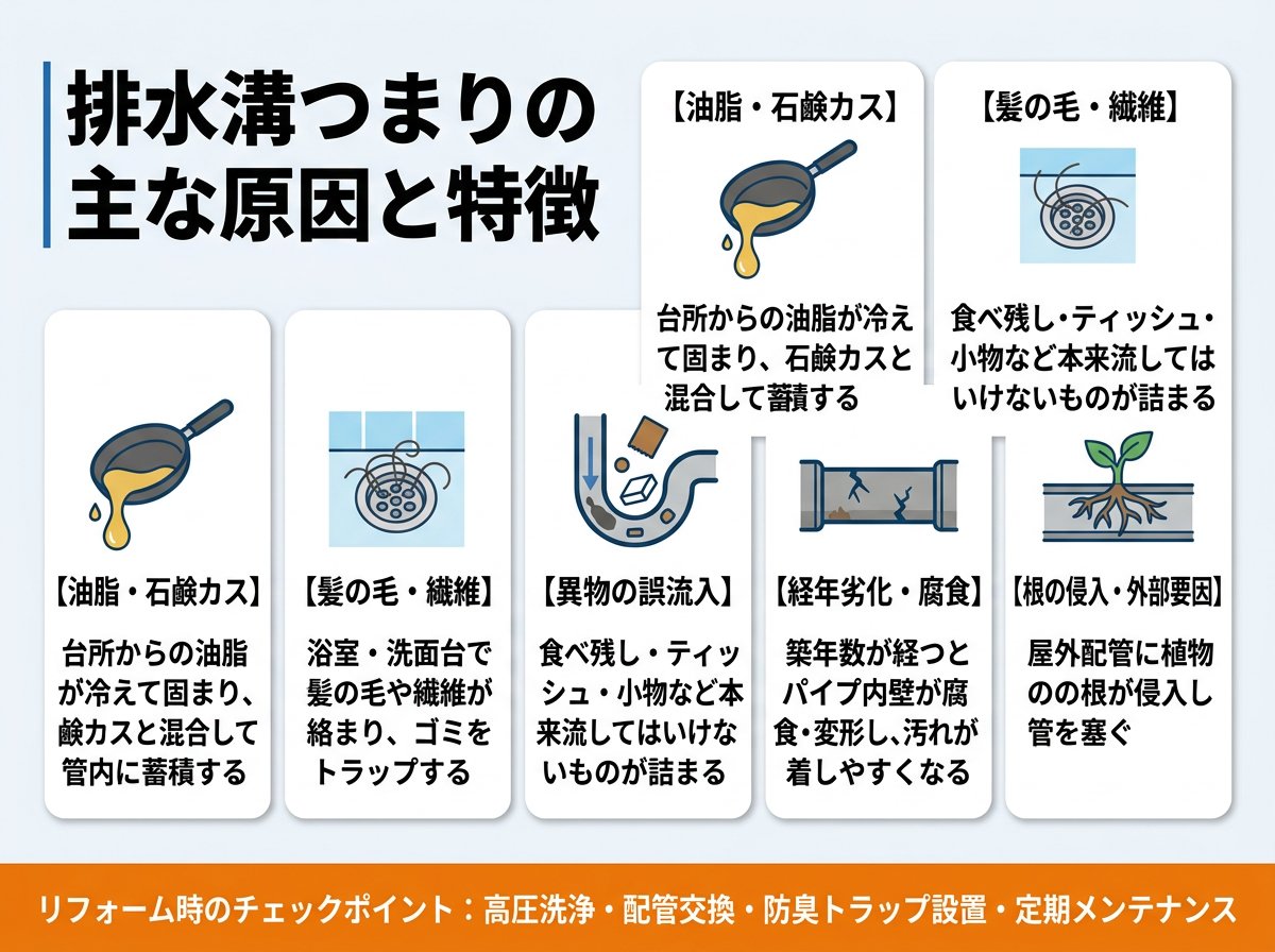 排水溝つまりが発生する主な原因と特徴