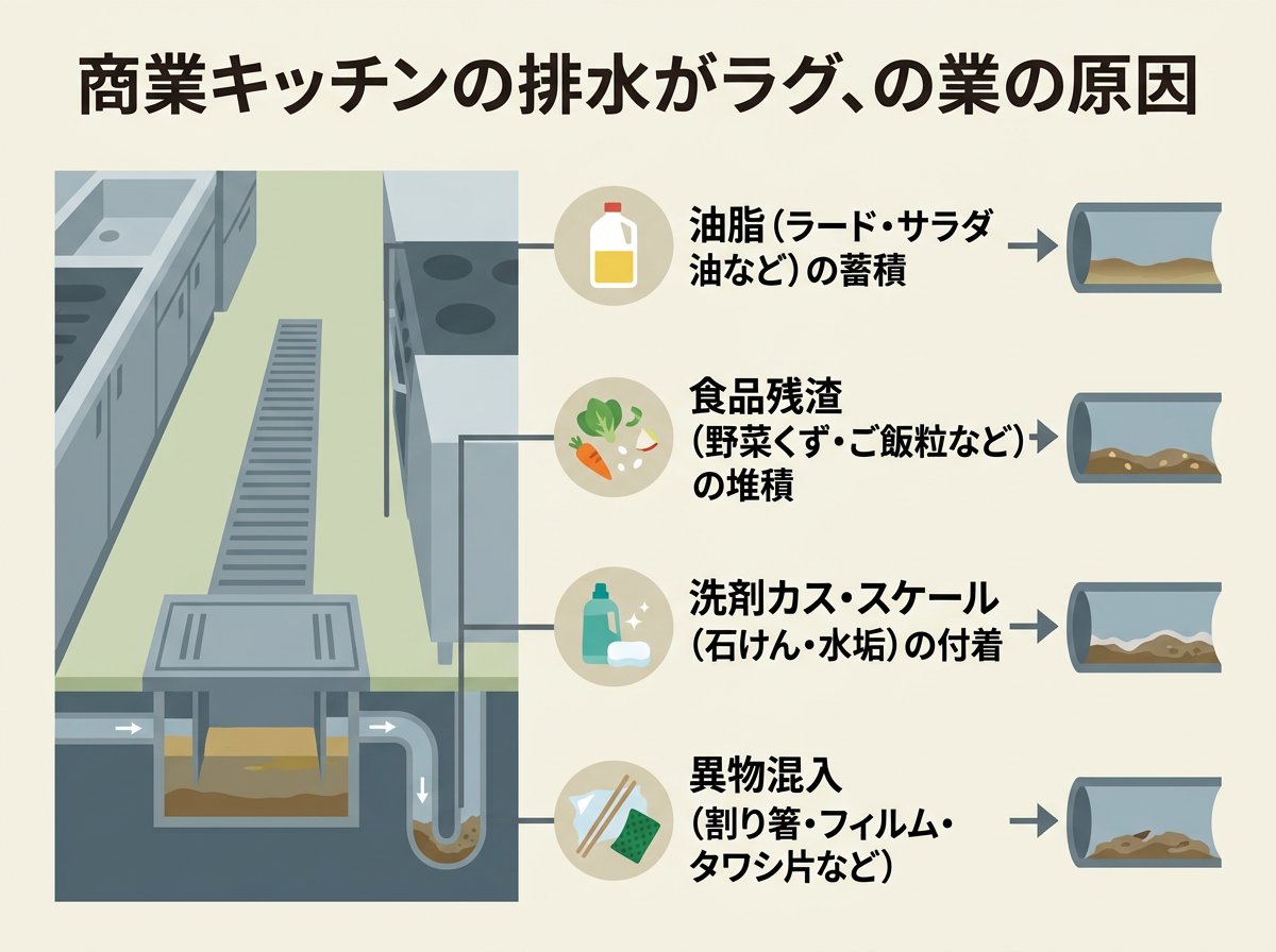 飲食店の排水溝で詰まりが発生する主な原因