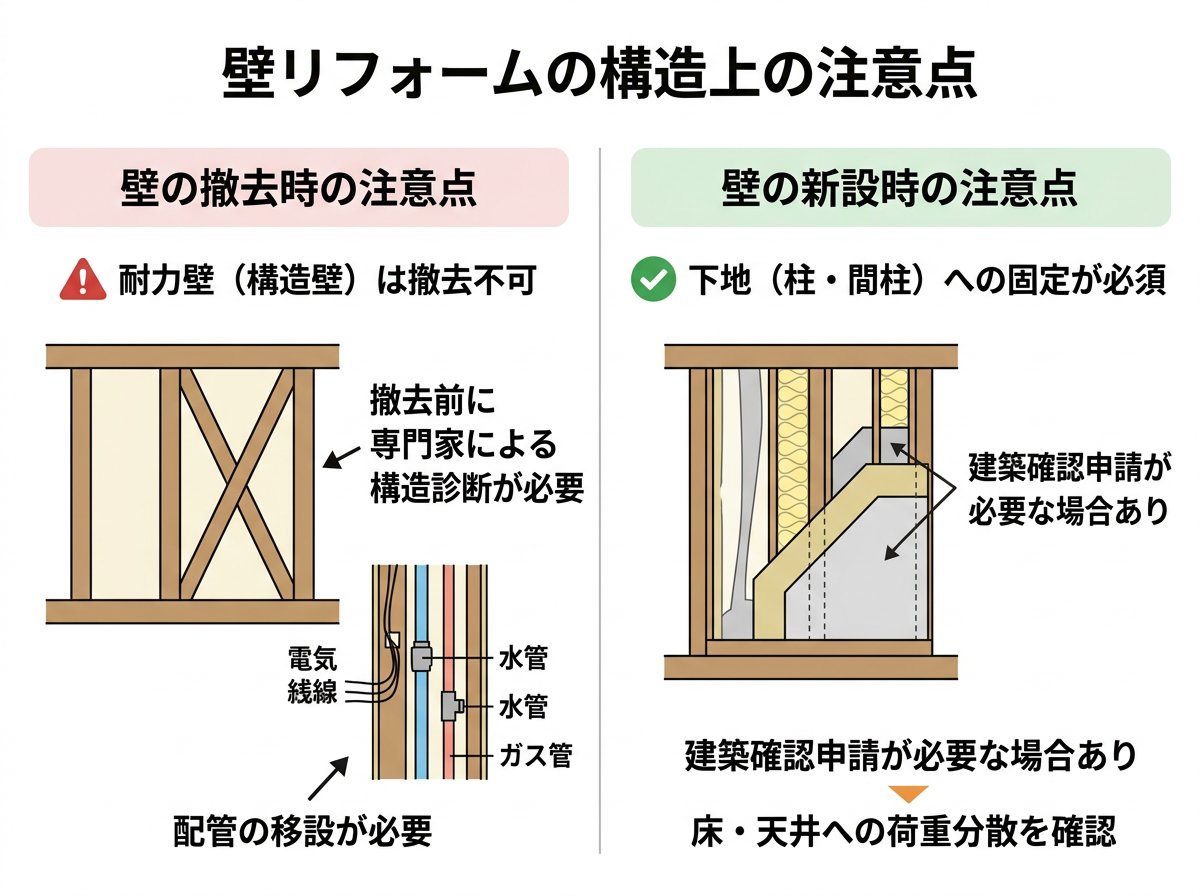 壁の撤去と設置における構造上の注意点