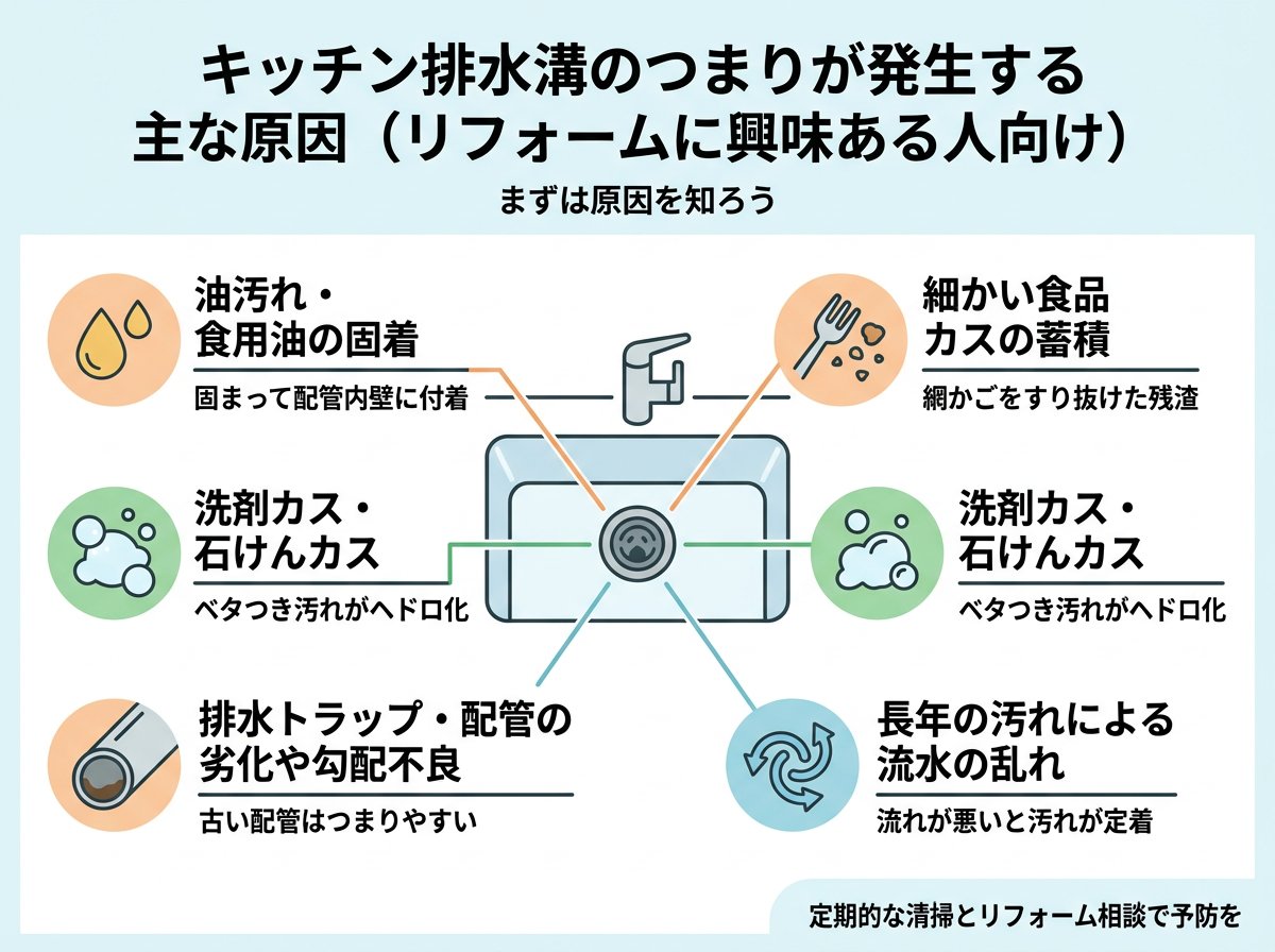 キッチン排水溝のつまりが発生する主な原因