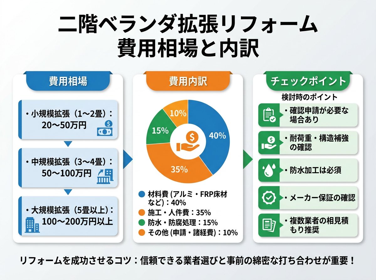二階のベランダ拡張時の費用相場と内訳