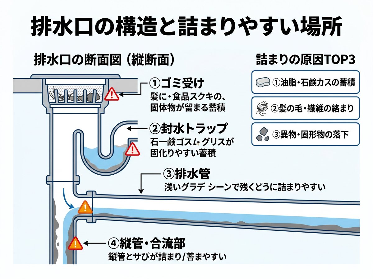 排水口の構造と詰まりやすい場所の特徴