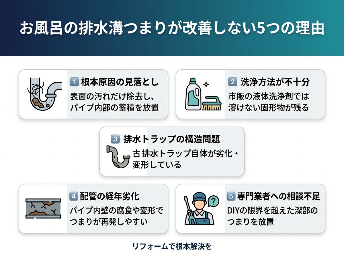 お風呂の排水溝つまりが改善しない5つの理由