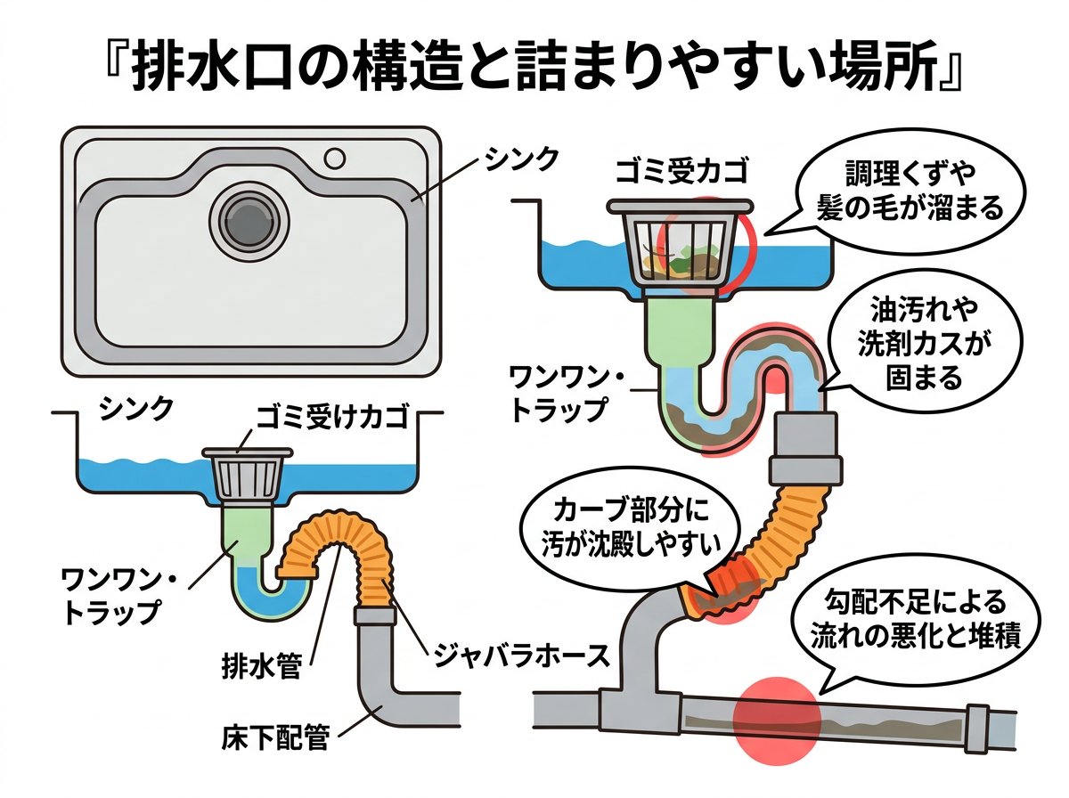 排水口の構造と詰まりやすい場所の特徴