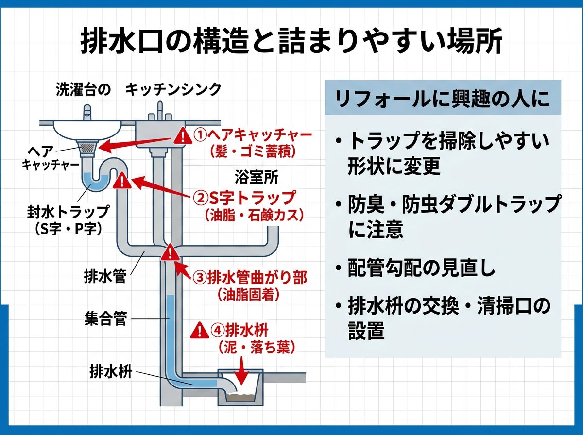 排水口の構造と詰まりやすい場所の特徴