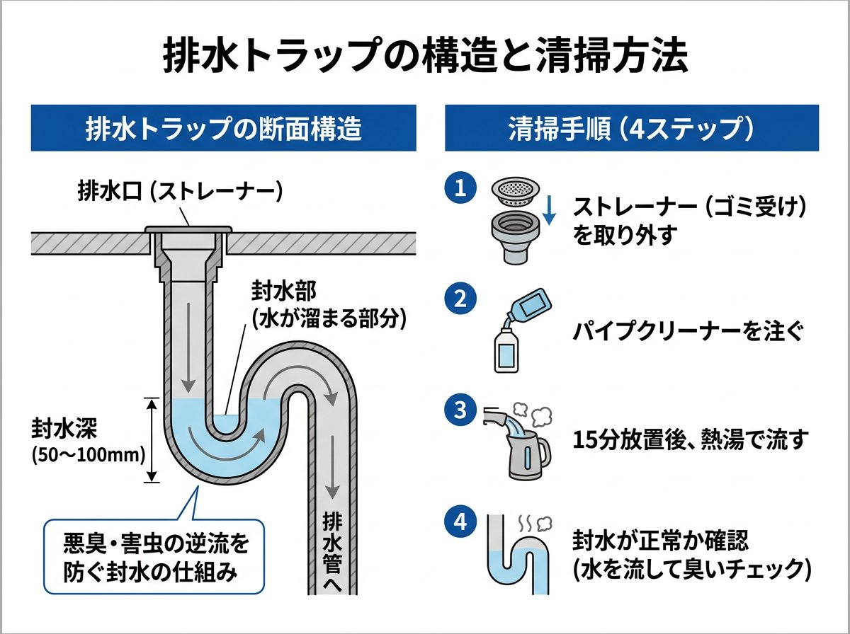 レオパレスの排水トラップ構造と清掃方法