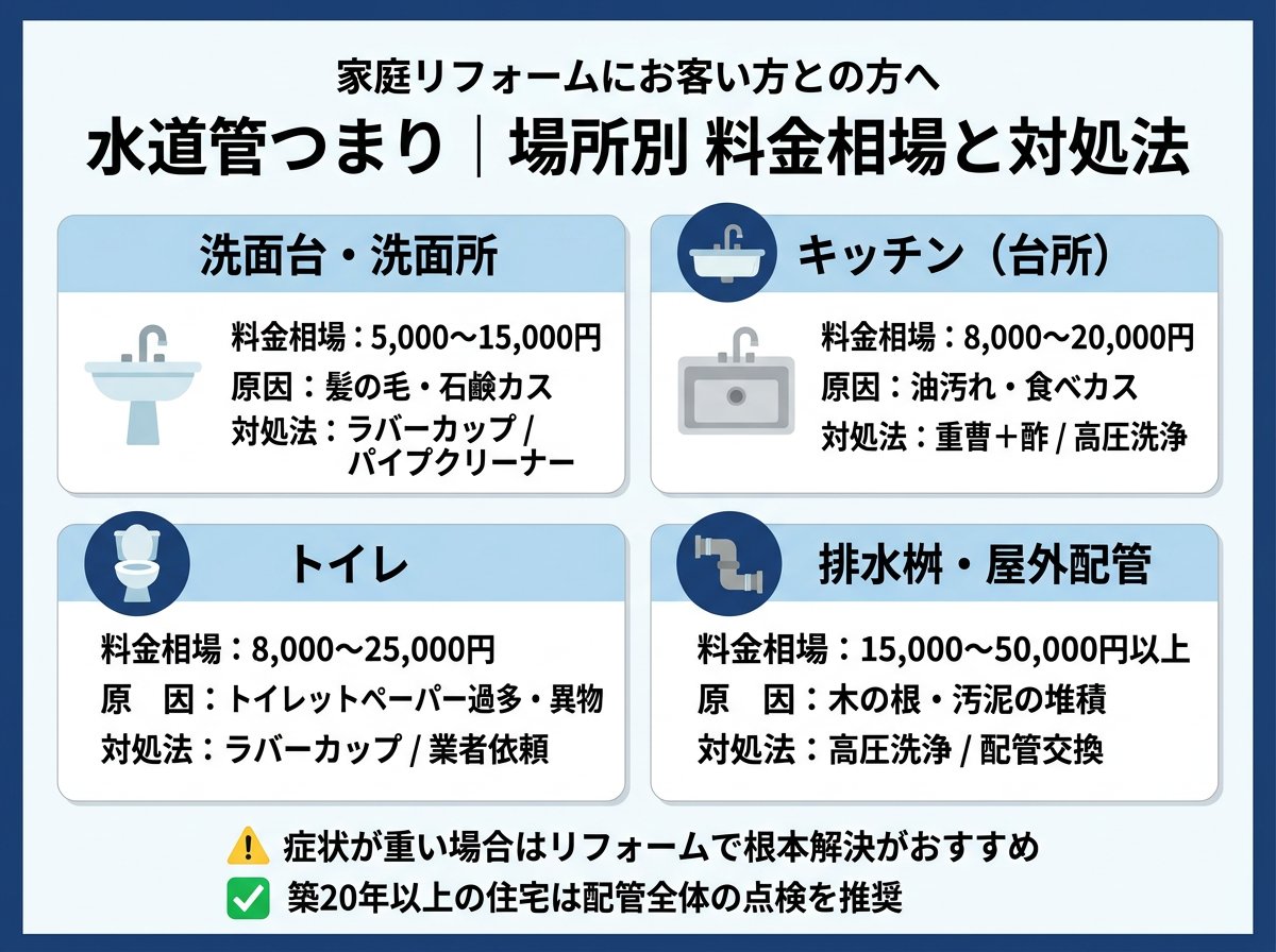 水道管つまりの場所別料金相場と対処法