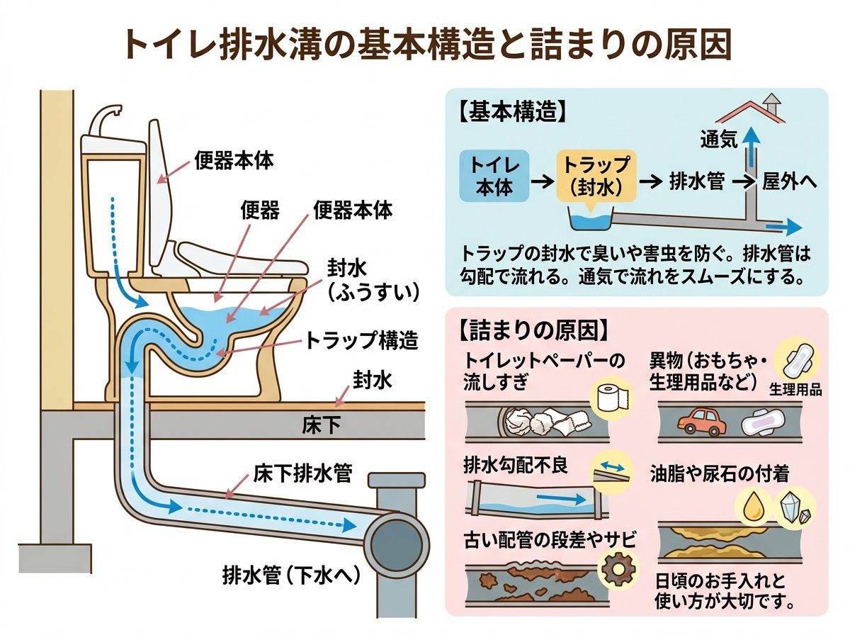 トイレ排水溝の基本構造と詰まりの原因