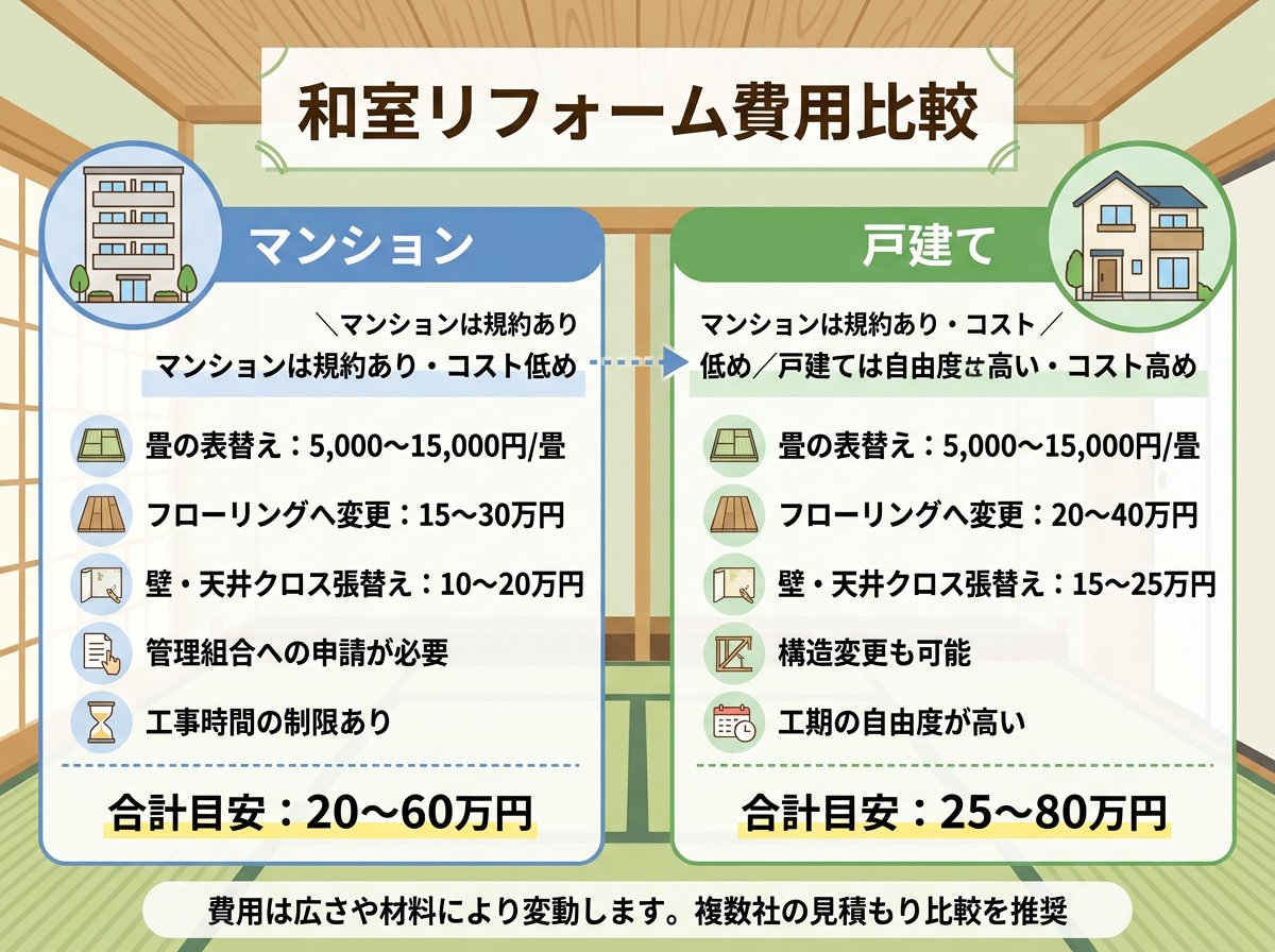 マンションと戸建ての和室リフォーム費用の違い