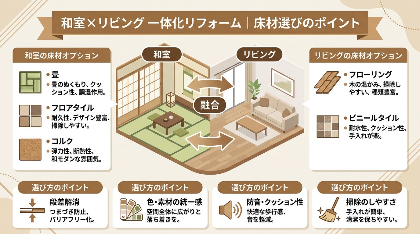 和室とリビングの一体化における床材選びのポイント