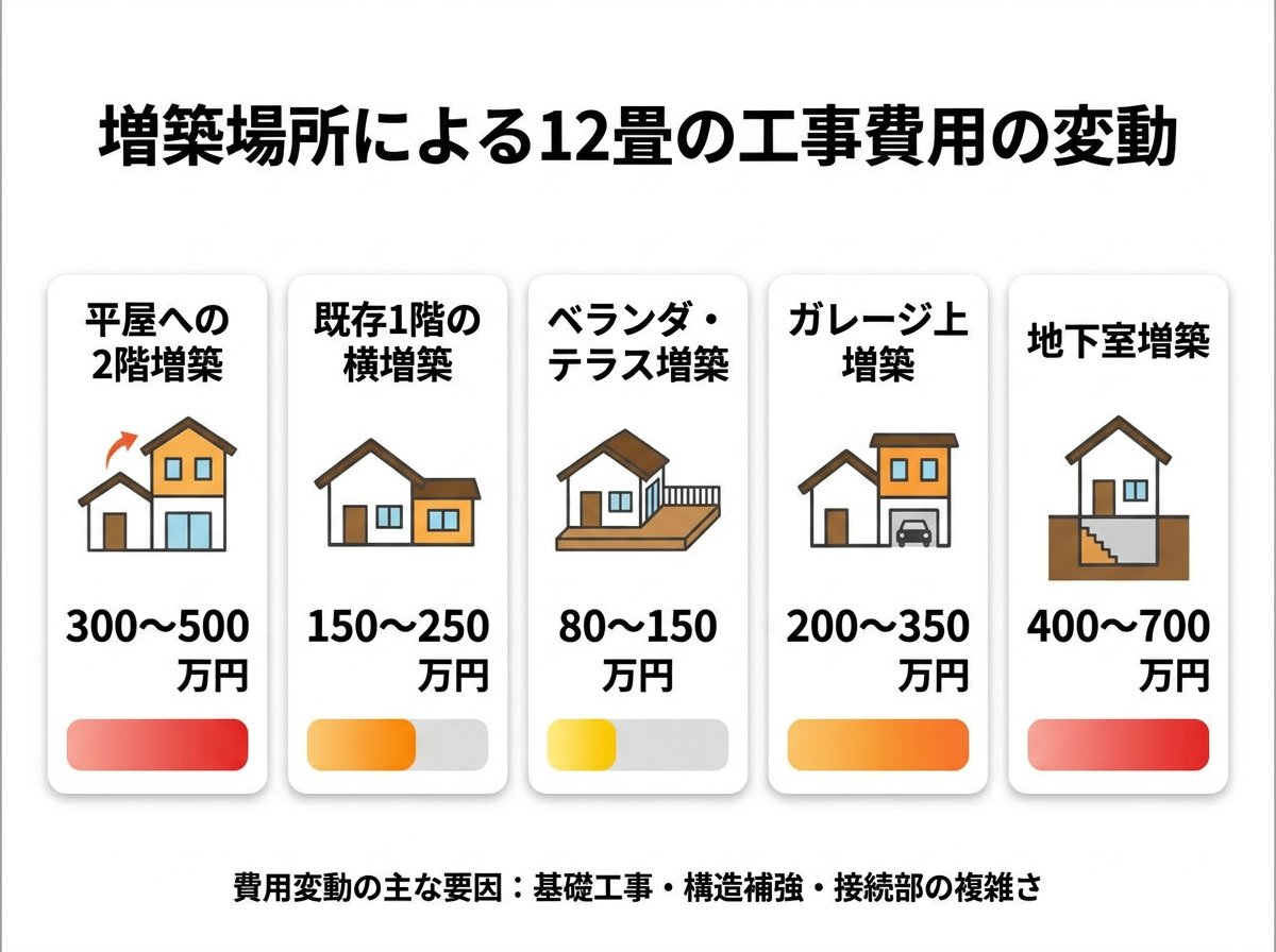 増築場所による12畳の工事費用の変動